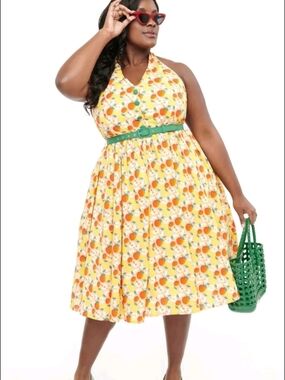 Unique Vintage Apple Print Halter Midi Dress with Green Belt | Size 1X - NWT